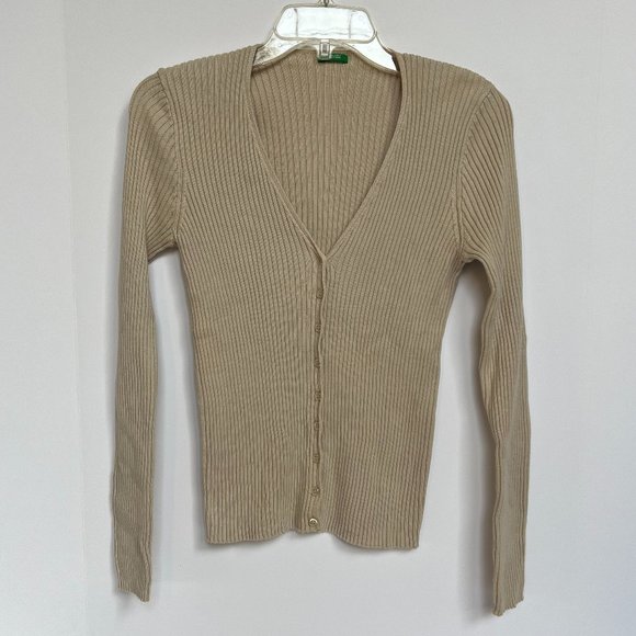 United Colors Of Benetton Sweaters - BENETTON Cardigan Cotton MADE IN ITALY Light Camel Rib Knit Size M Like New